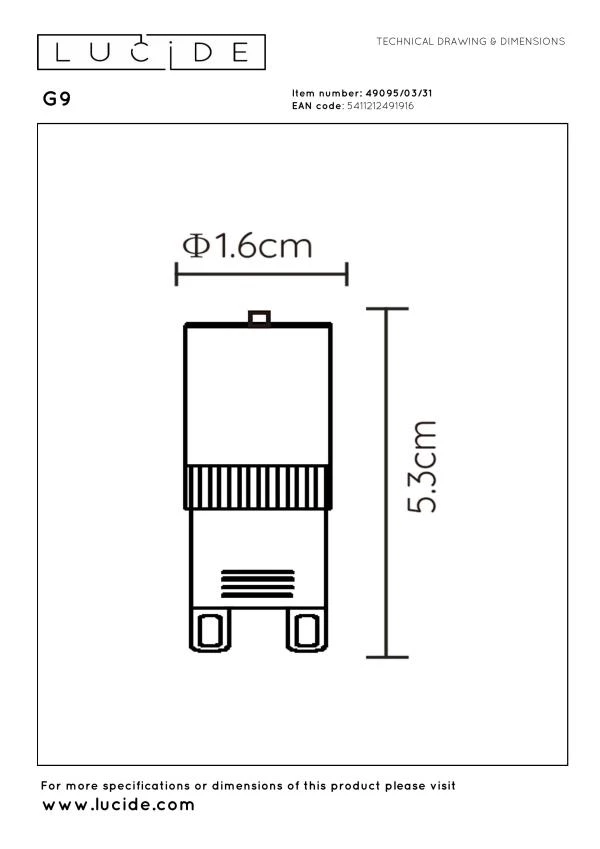 Lucide G9 - Ampoule led - Ø 1,6 cm - LED Dim. - G9 - 1x3,5W 2700K - Blanc - technique